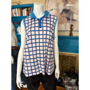 Women's Lillie Green Sleeveless Polo Shirt XL White Blue Plaid